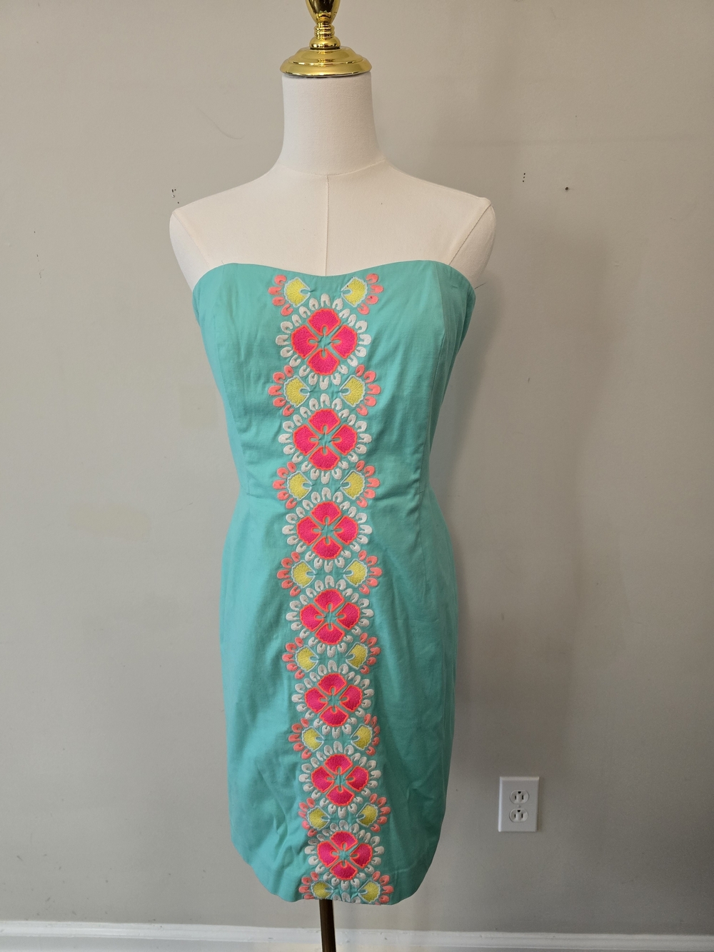 Vineyard Vines Turquoise Strapless Dress with Hot Pink & Yellow Embroidery